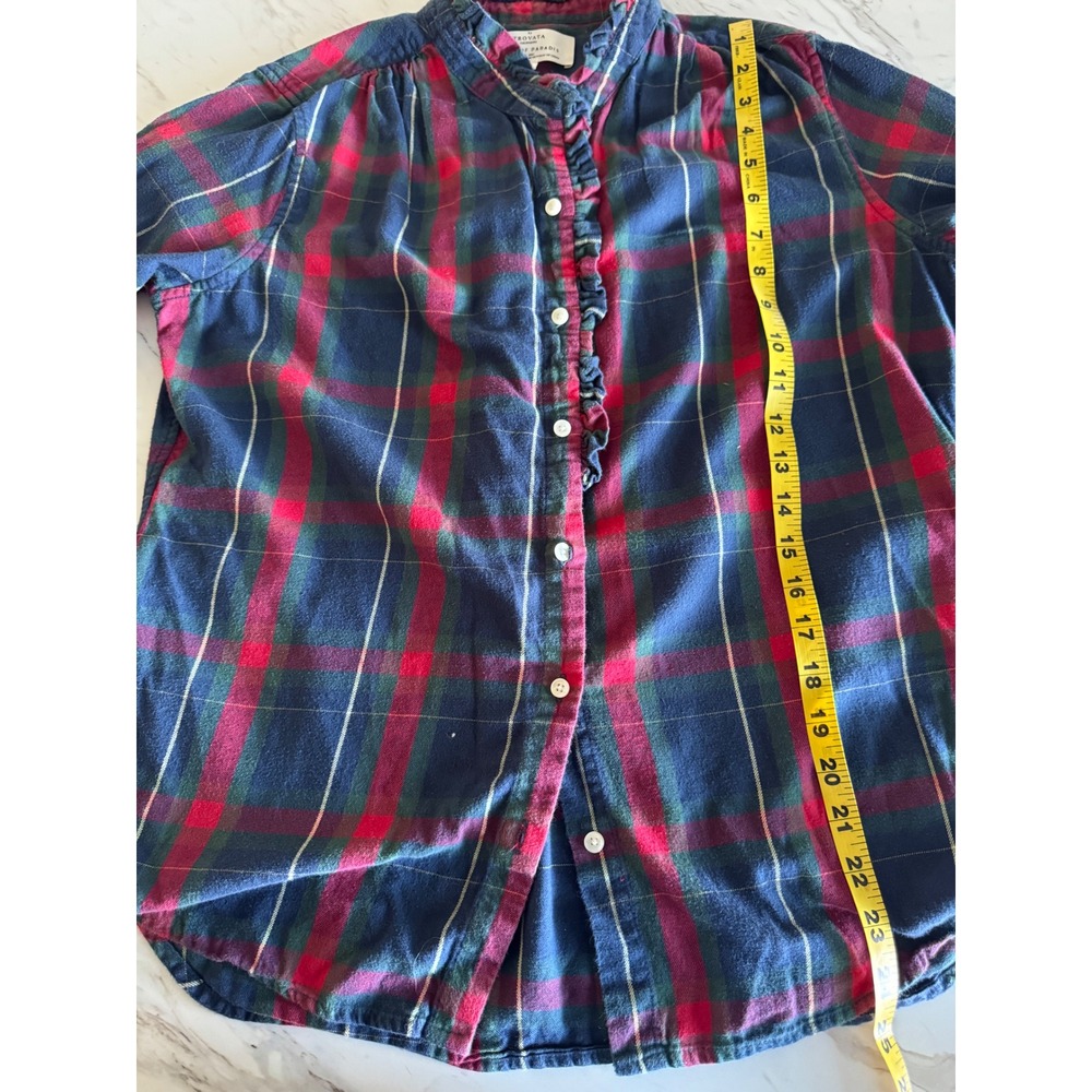 Birds of Paradis by Trovata Plaid Flannel Ruffle Collar Shirt Navy Red Medium - Picture 6 of 6
